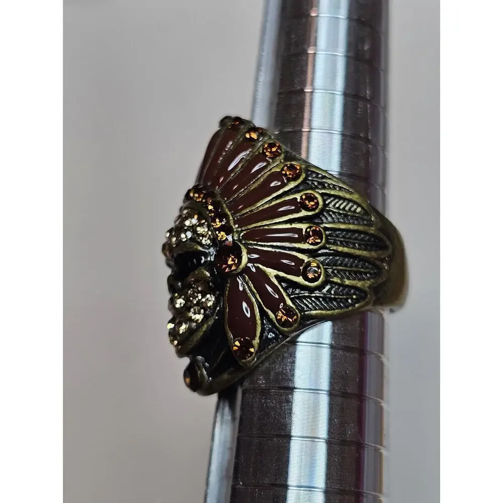 Indian‎ Chief Skull Brown Rhinestones Sz7 unisex bling ring. Motorcycle. Dark.